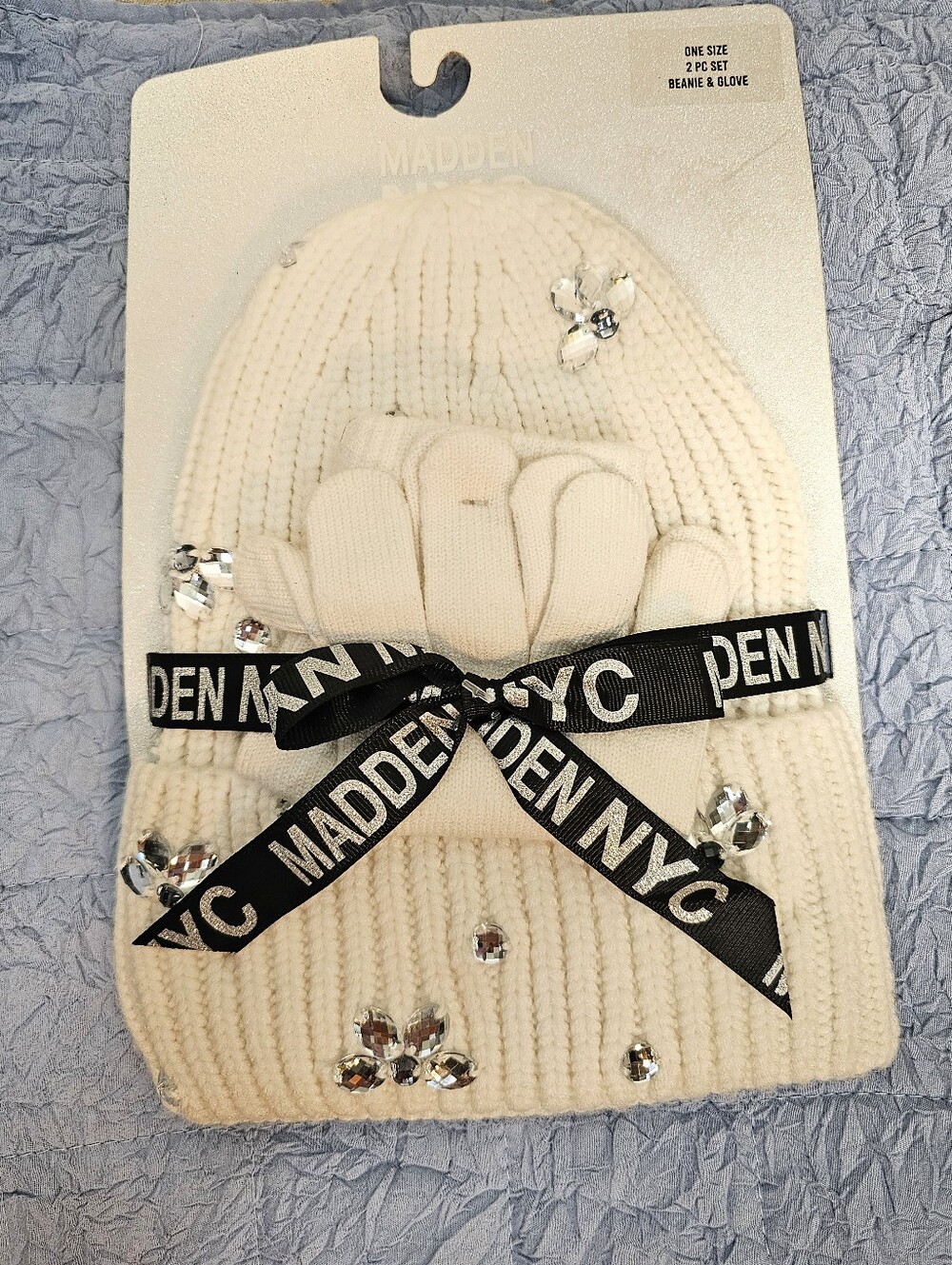 New Madden NYC One Size 2 PC Set Cuffed Beanie & Glove w/Placed Stones